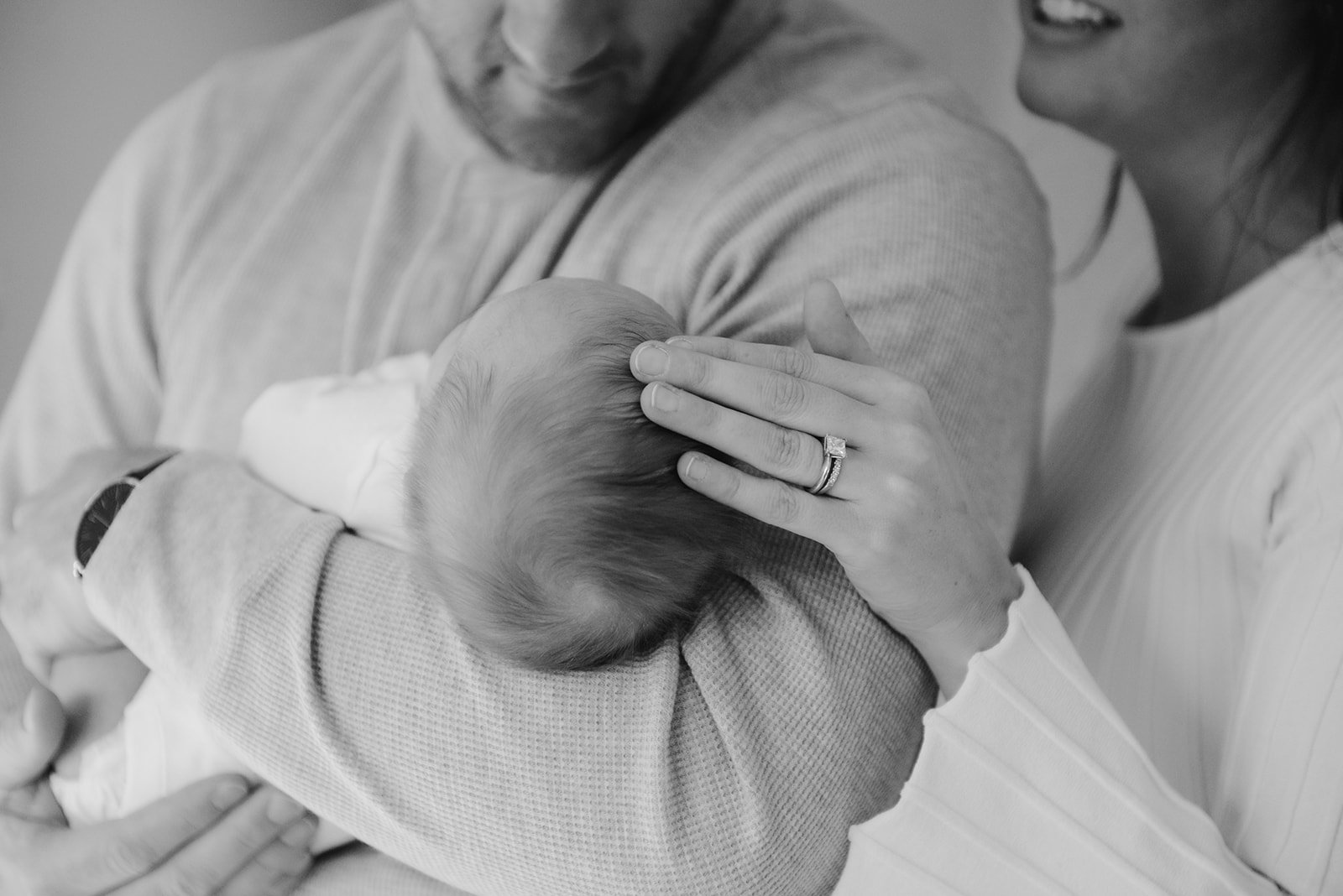 In-home newborn family black and white