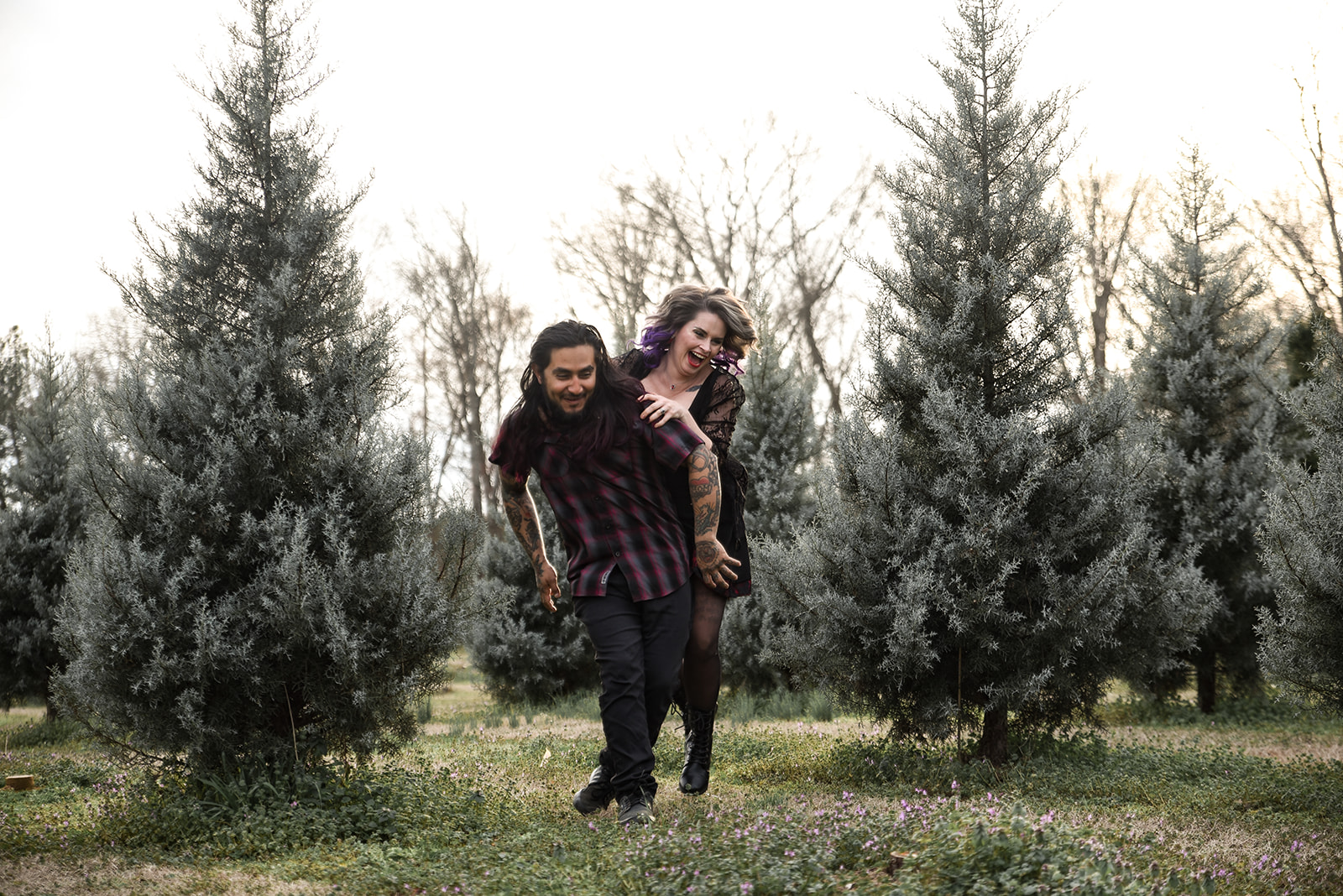 Engagement couple at sunset in open meadow near Waleska Georgia, warm light, relaxed and genuine