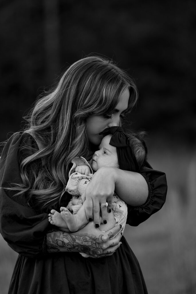 Black and white family portrait during outdoor family photography session in Georgia