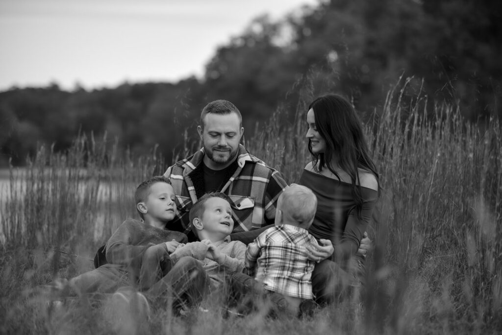 Black and white family portrait during outdoor family photography session in Georgia